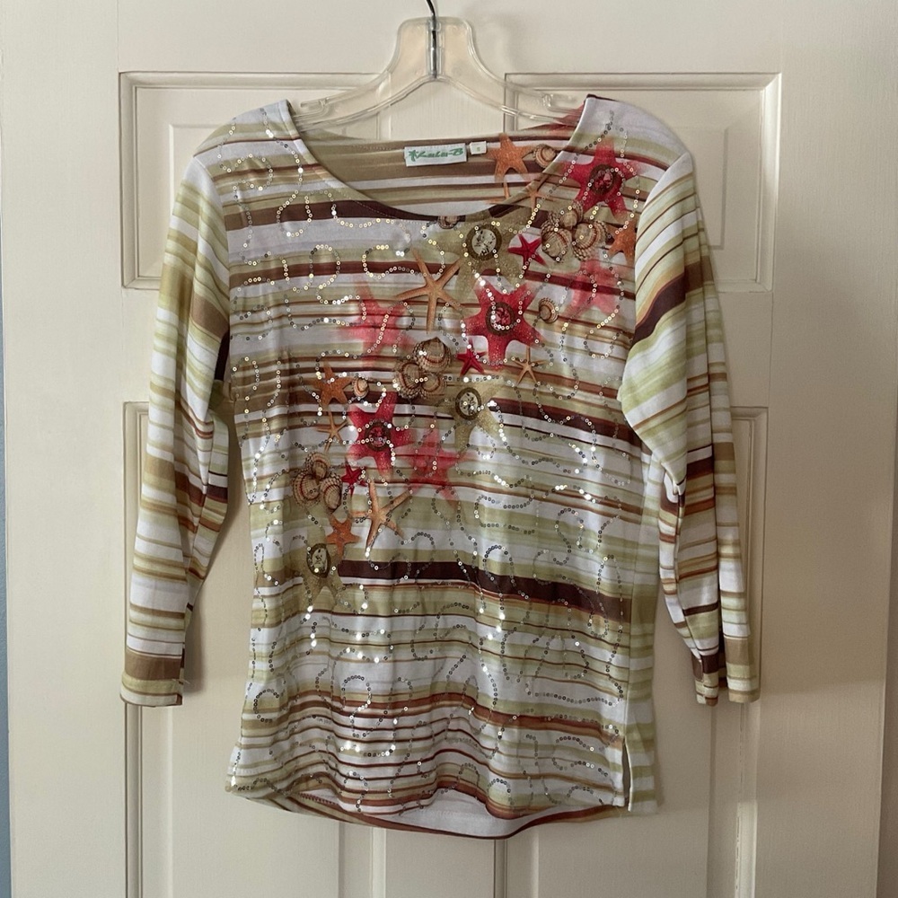 Lulu-B Sequin Embellished Starfish‎ Stripe Tee Top Size S Neutral Beach Bling